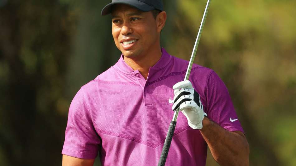 Erstes Foto nach dem Unfall: Woods mit Kr&uuml;cken, Schiene und Hund